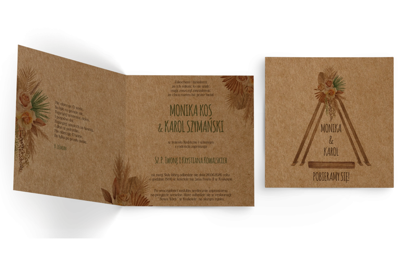 Zaproszenia ślubne Boho - Składane Kwadrat Motyw 2