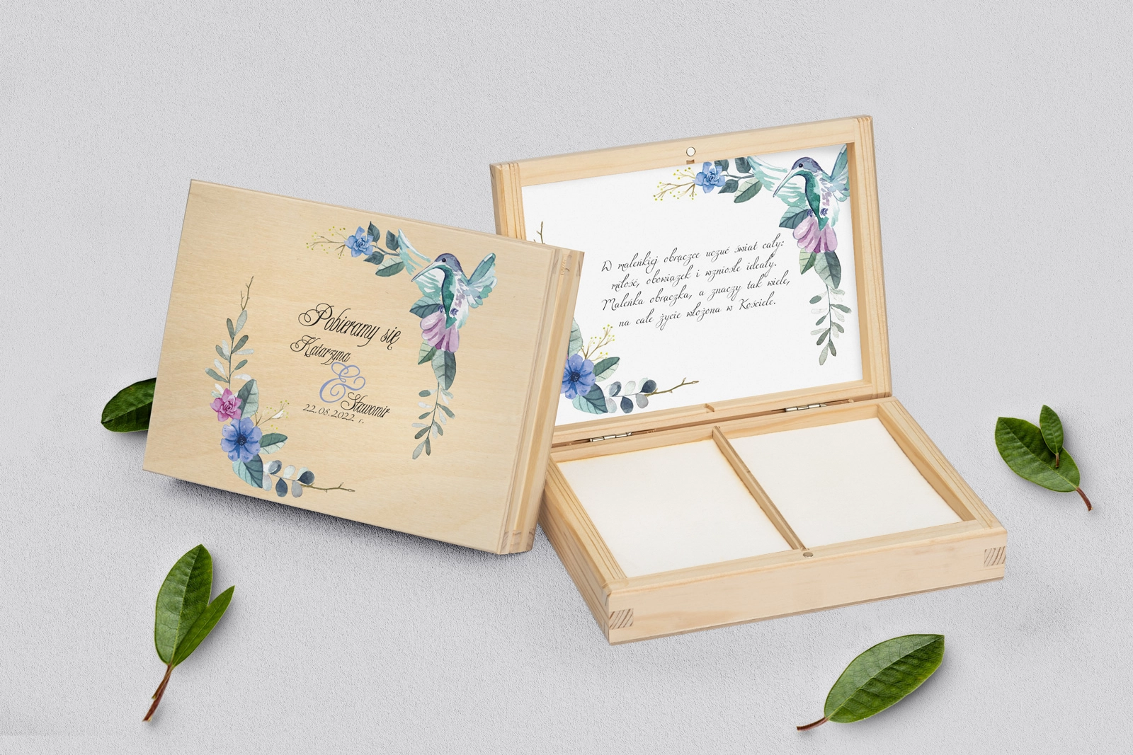 Pudełko na obrączki prostokątne naturalne - Akwarelowe Wianki Motyw 8