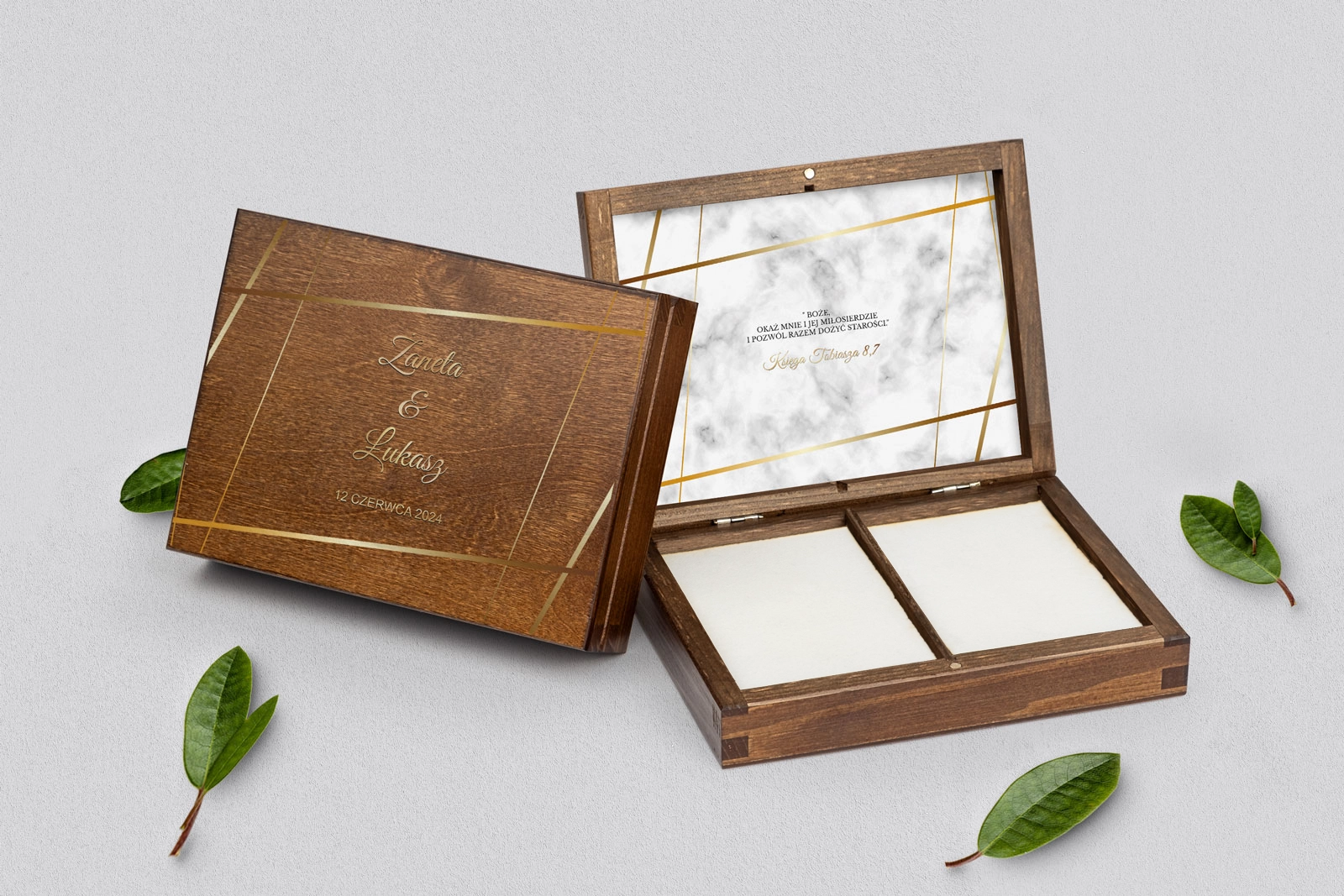 Pudełko na obrączki prostokątne brązowe - Marmur i Złoto Motyw 2