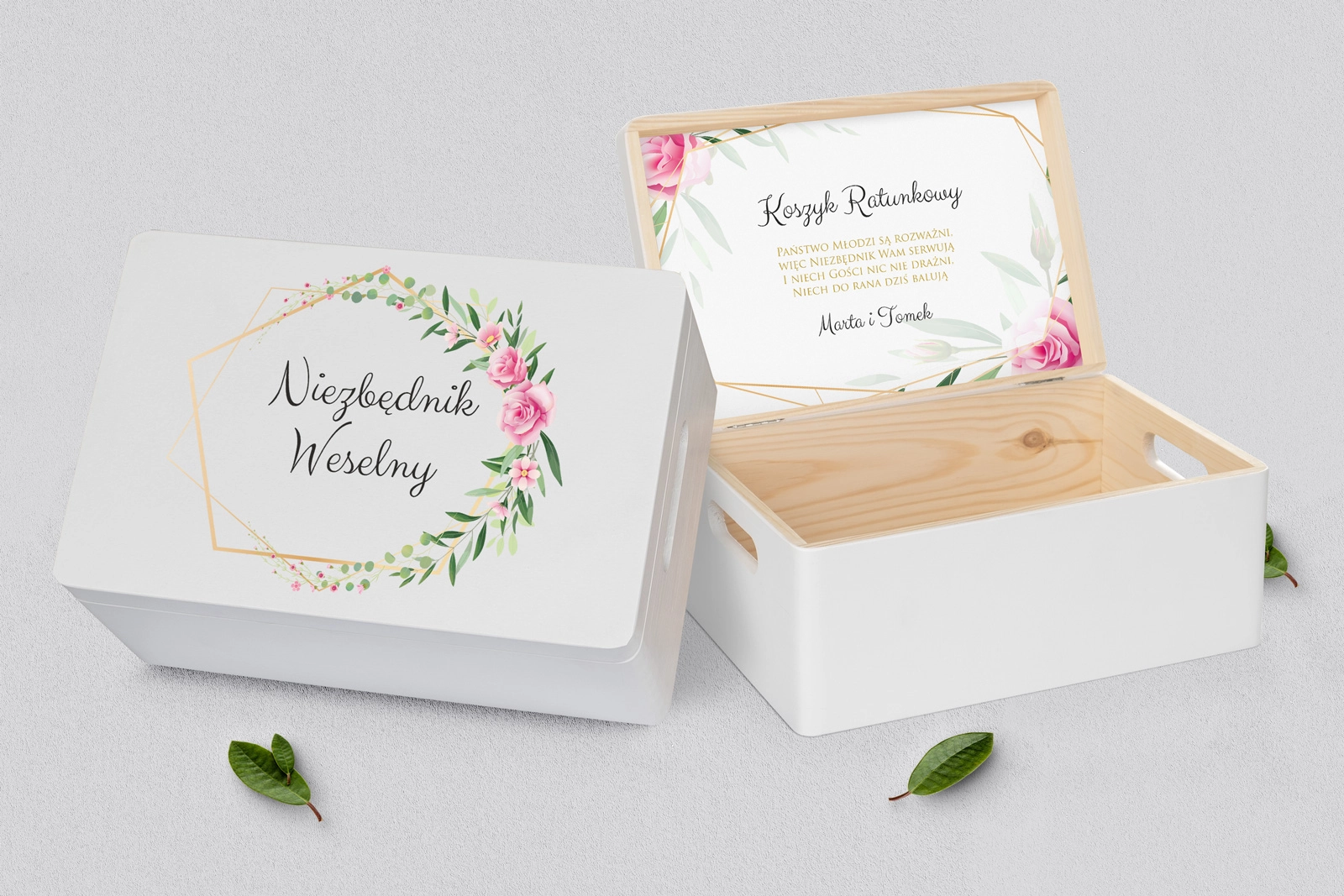 Koszyczek ratunkowy weselny biały - Flowers & Frame Motyw 4