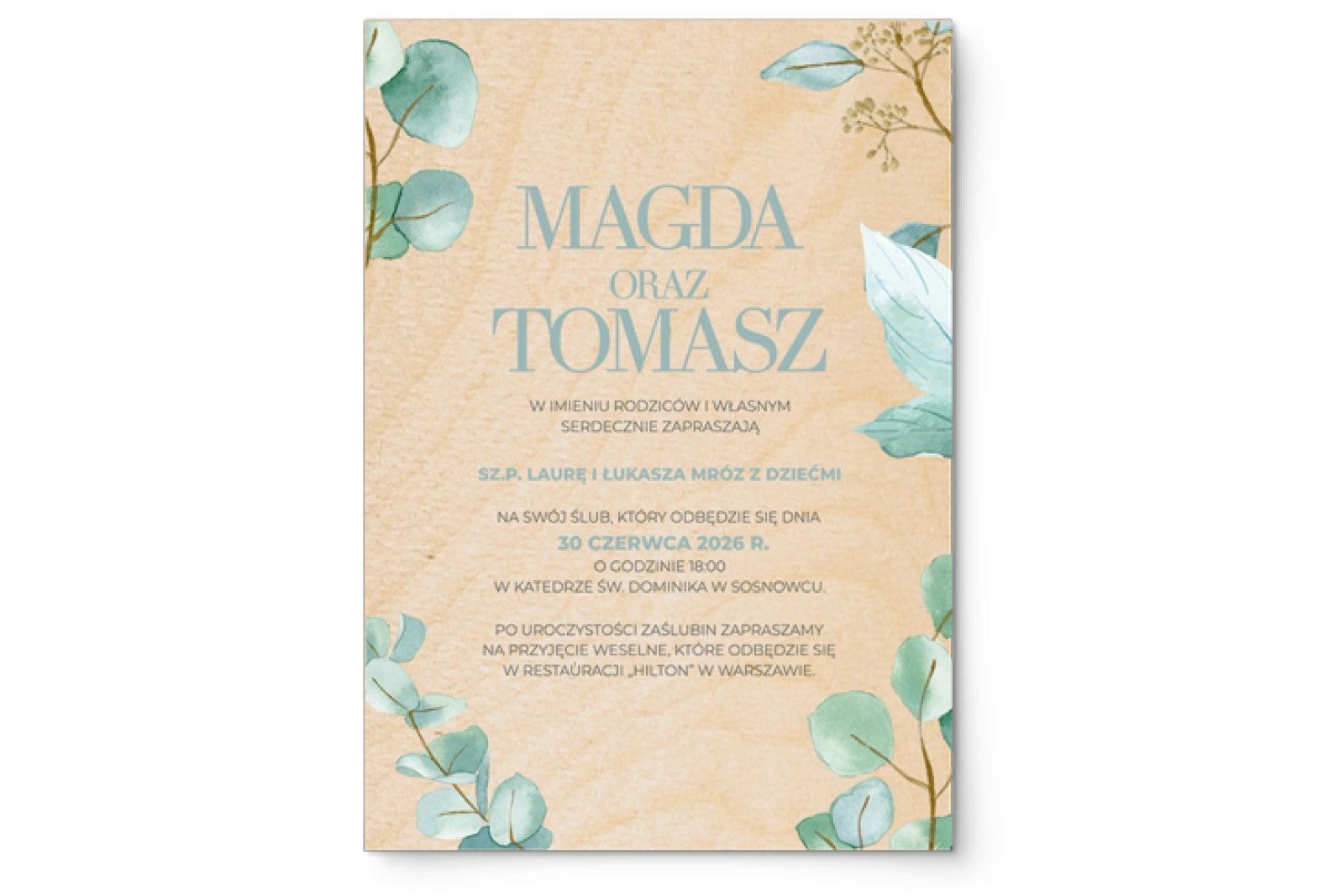 Zaproszenia ślubne Eukaliptus - Drewniane Motyw 1