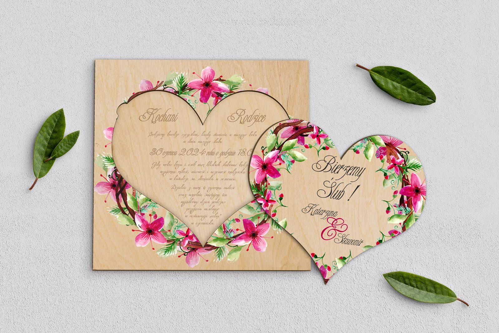 Drewniane Zaproszenie dla Rodziców - Akwarelowe Wianki Motyw 2