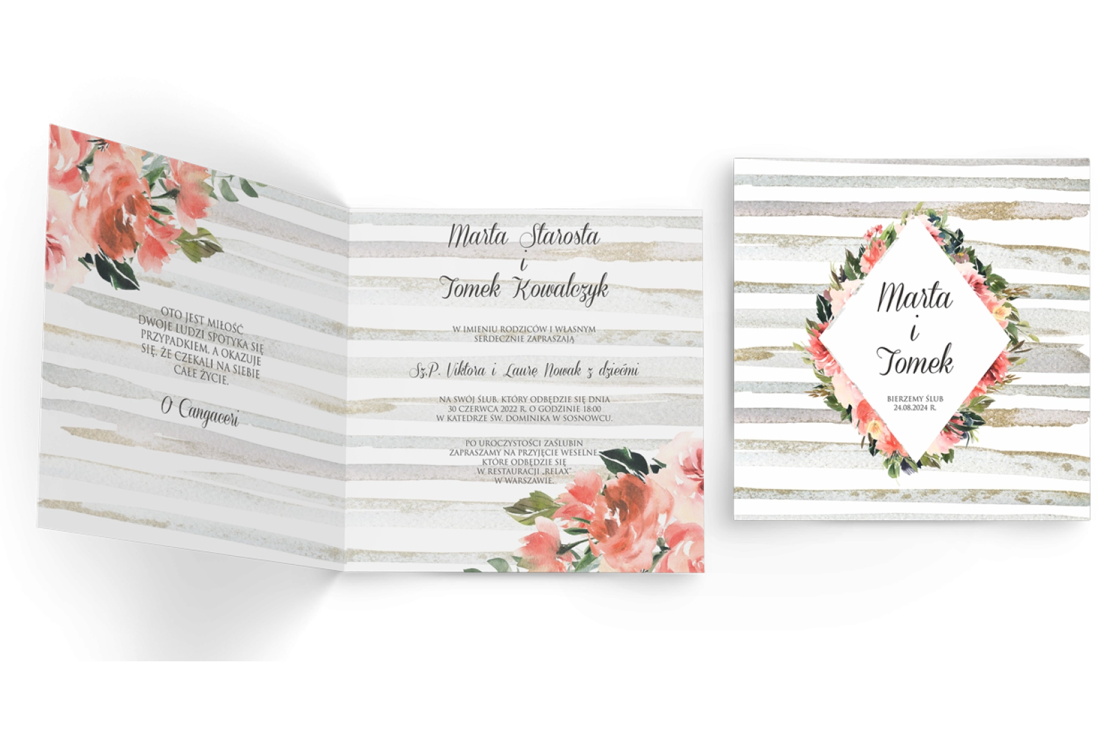 Zaproszenia ślubne Akwarelka - Składane Kwadrat Motyw 2