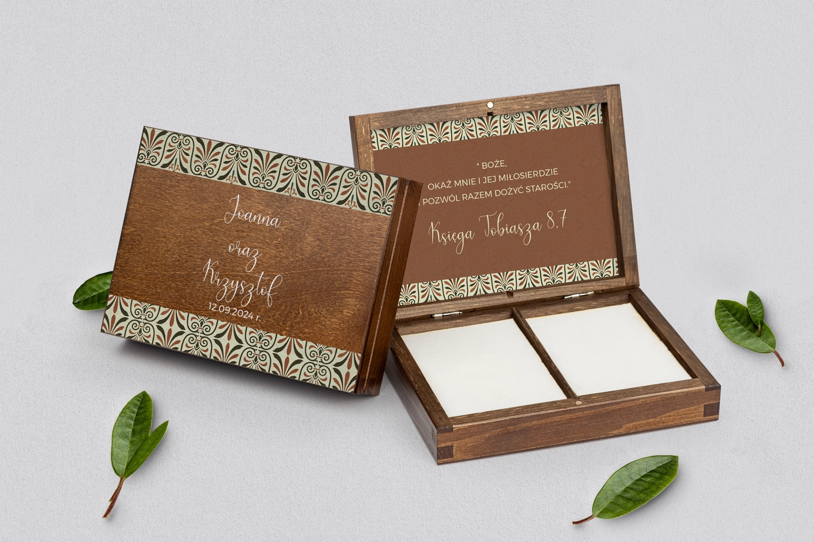 Pudełko na obrączki prostokątne brązowe - Vintage Motyw 3