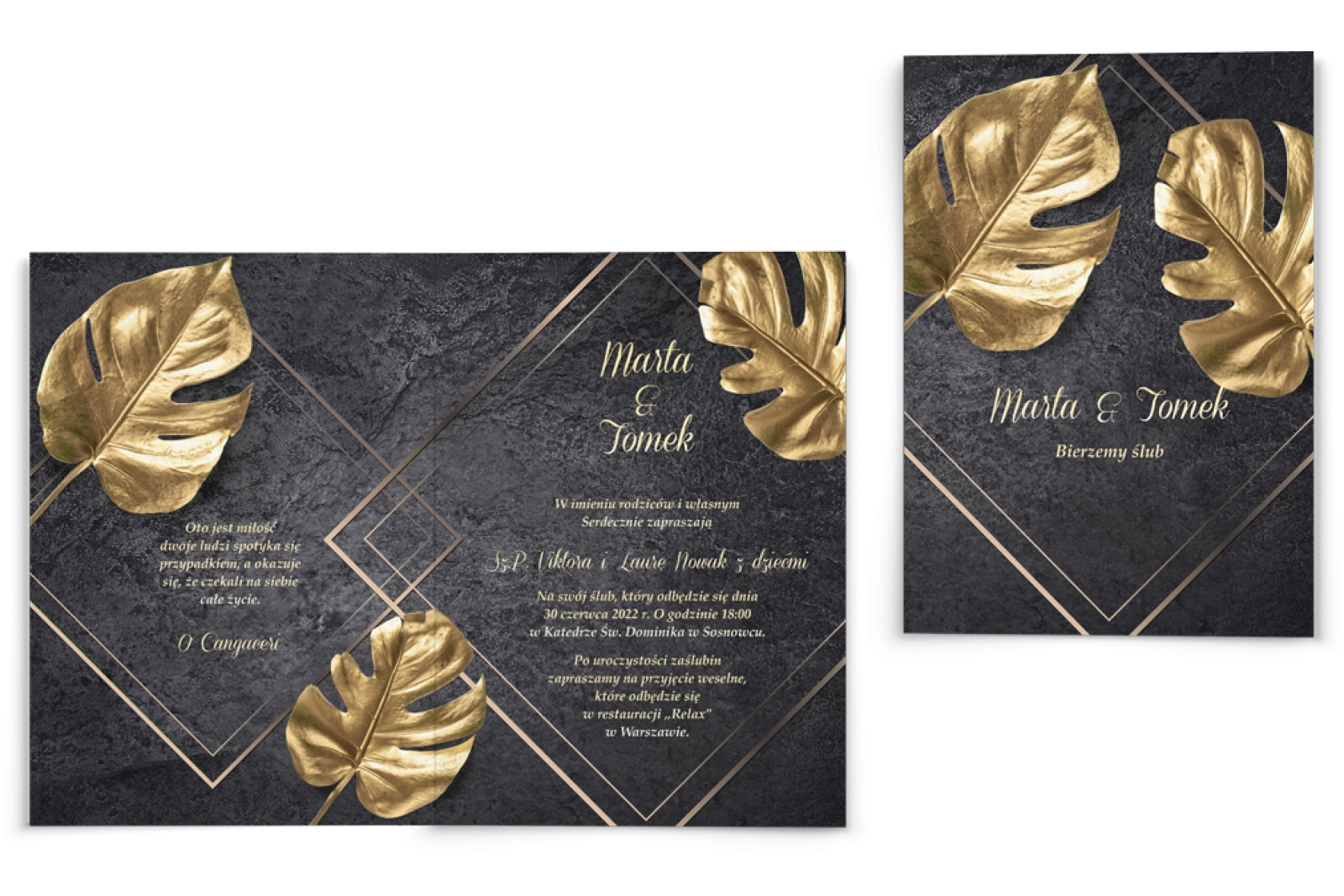 Zaproszenia ślubne Złote Kwiaty - Składane Motyw 3
