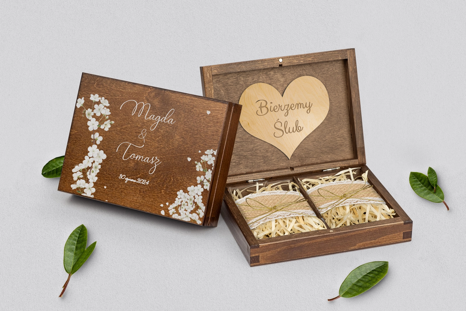 Pudełko na obrączki prostokątne brązowe - Biały Czas - Motyw 1