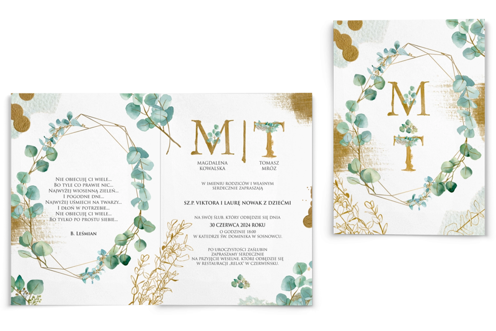Zaproszenia ślubne Golden Green - Składane Motyw 2