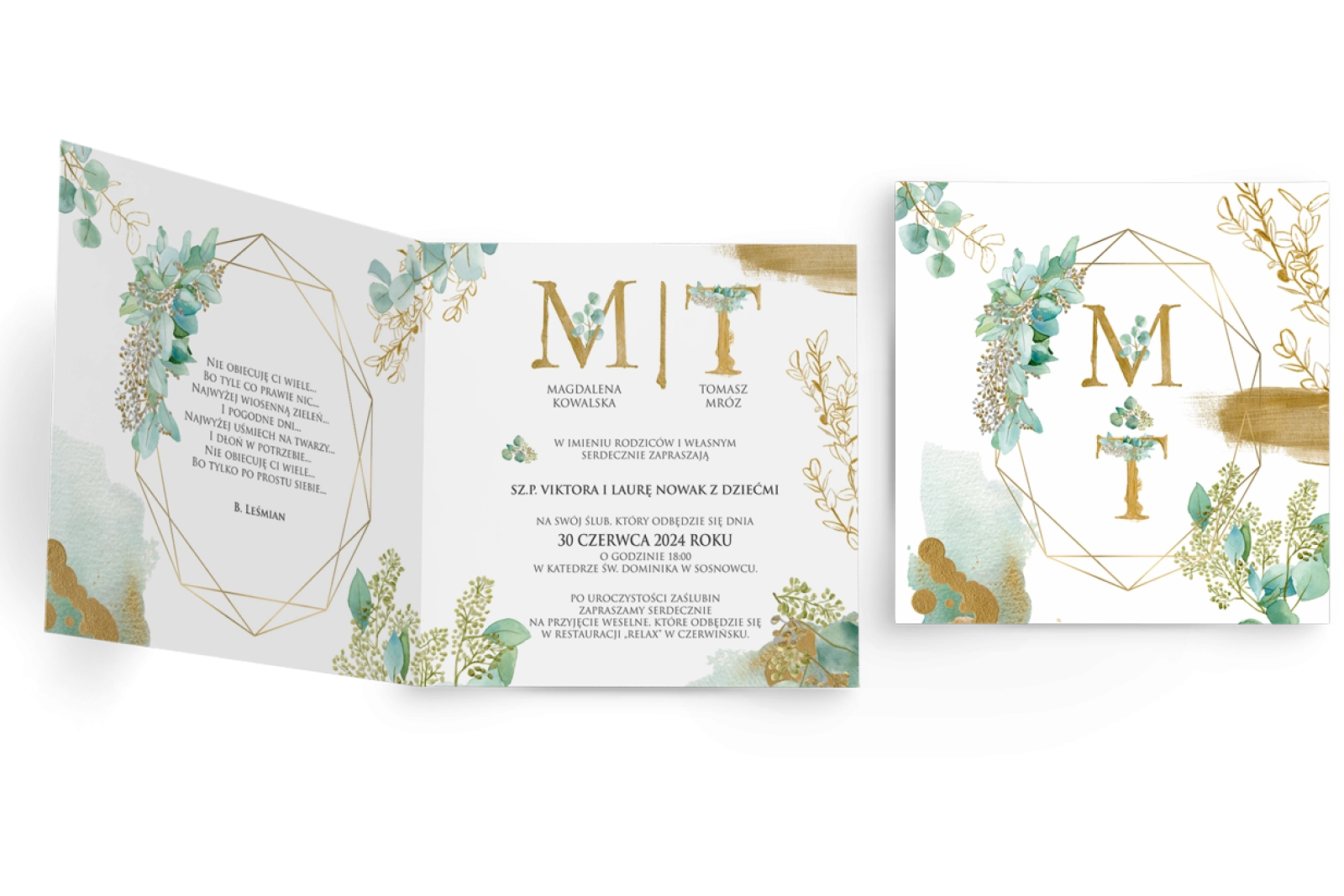 Zaproszenia ślubne Golden Green - Składane Kwadrat Motyw 1