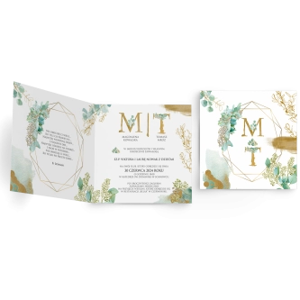 Zaproszenia ślubne Golden Green - Składane Kwadrat Motyw 1