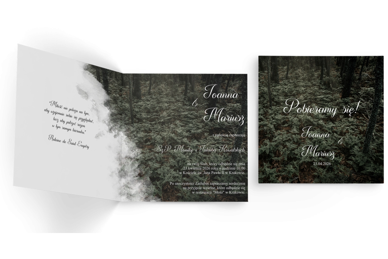 Zaproszenia ślubne Las - Składane Kwadrat Motyw 3